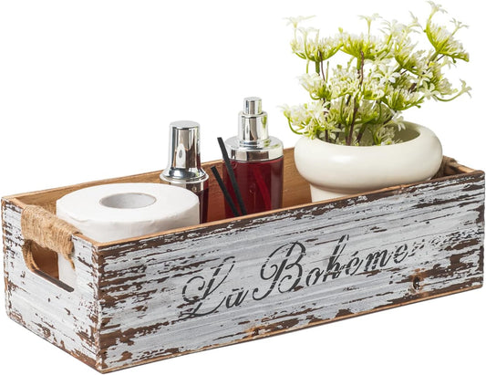 TIMRIS Farmhouse Distressed Wooden Storage Box, Rustic Bathroom Decor Box, Decorative Toilet Tank Basket Nice Butt, Vintage Countertop Organizer Box with Handles (Distressed White)