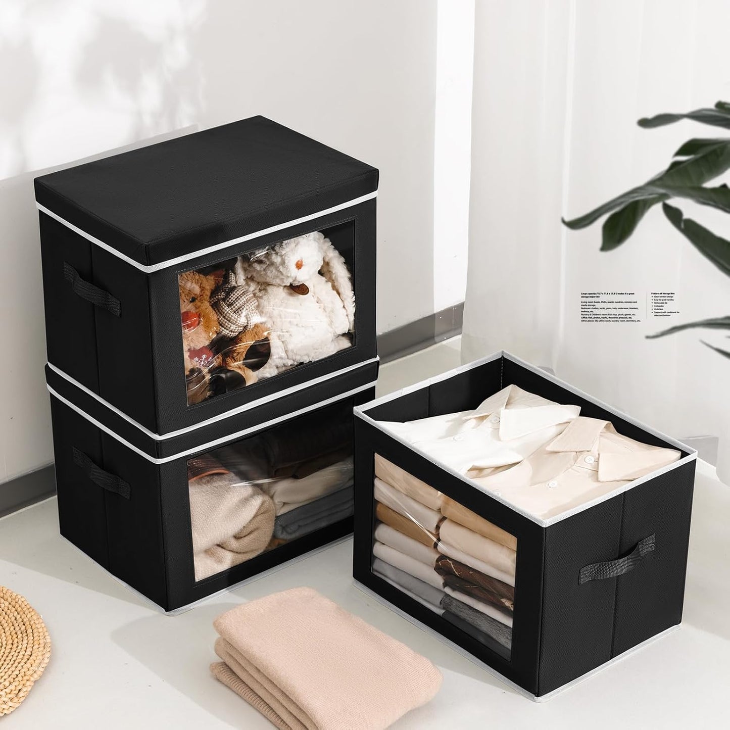 Stackable Storage Bins with Lids - Large Decorative Basket with Lids, Fabric Foldable Closet Organizer Bins, Shelf Organizer for Living Room, Dorm, 5 Pack, Black