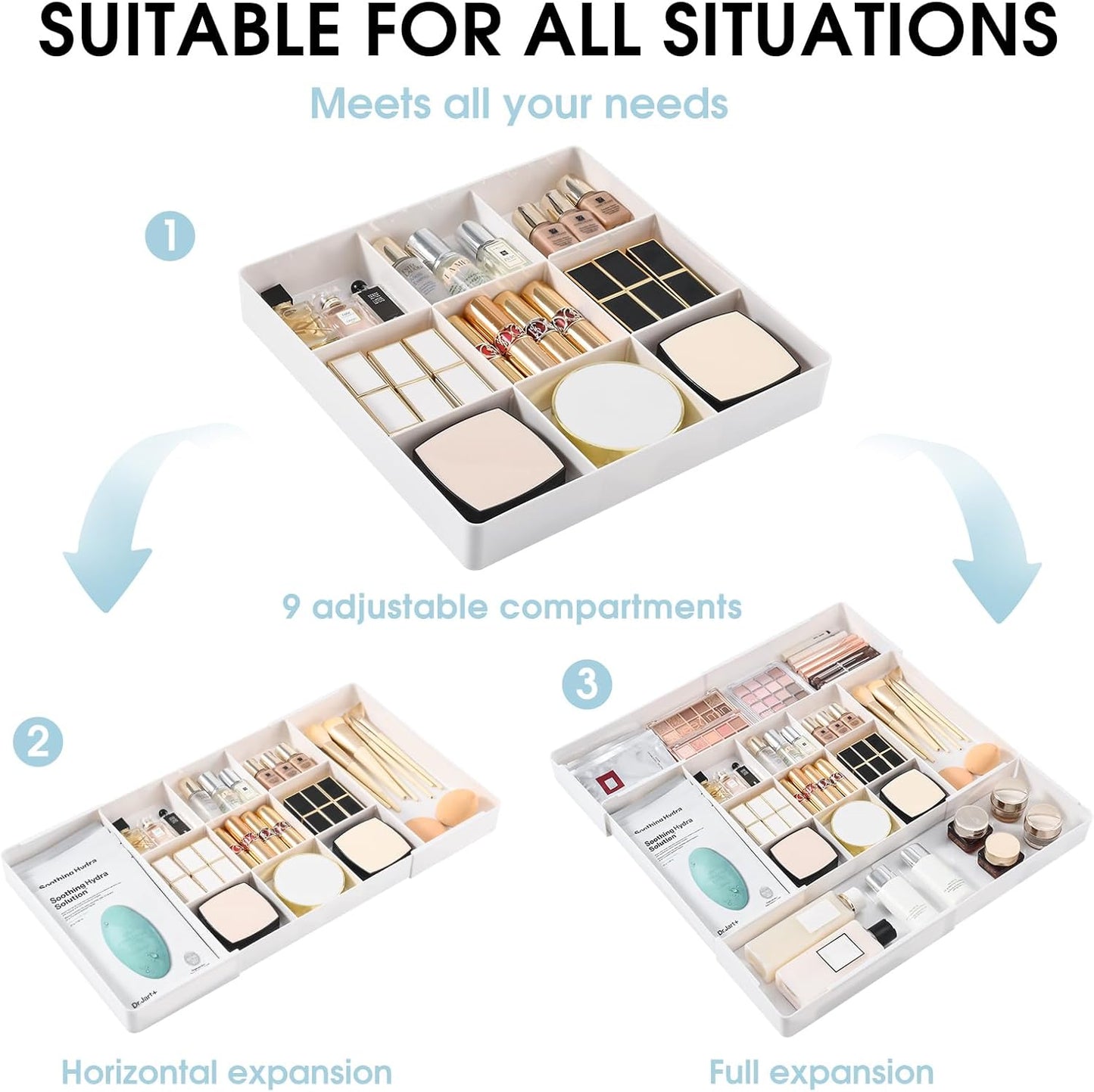 MIUOPUR Expandable Drawer Organizer, Width (10.6"-20.1") Depth (11"-20.1"), Plastic Makeup Drawer Organizer with 6 Removable Dividers, Silverware Organizer, Great for kitchen and Bathroom Drawers