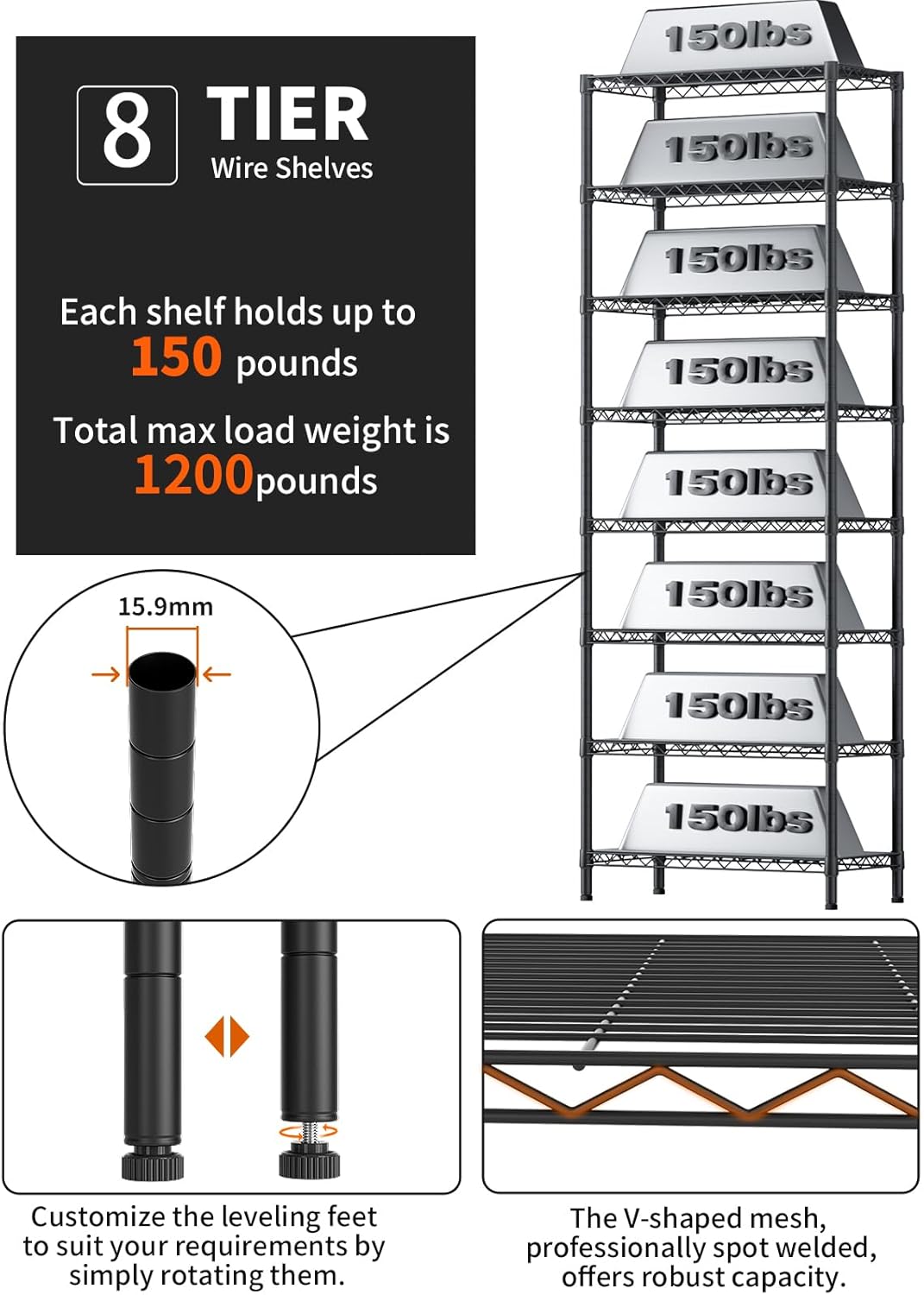 8 Tier Adjustable Storage Shelves Heavy Duty Metal Shelf Wire Shelving Unit Organizer Rack for Home Kitchen Office Pantry Room Bathroom Shelving Organizers and Storage Laundry