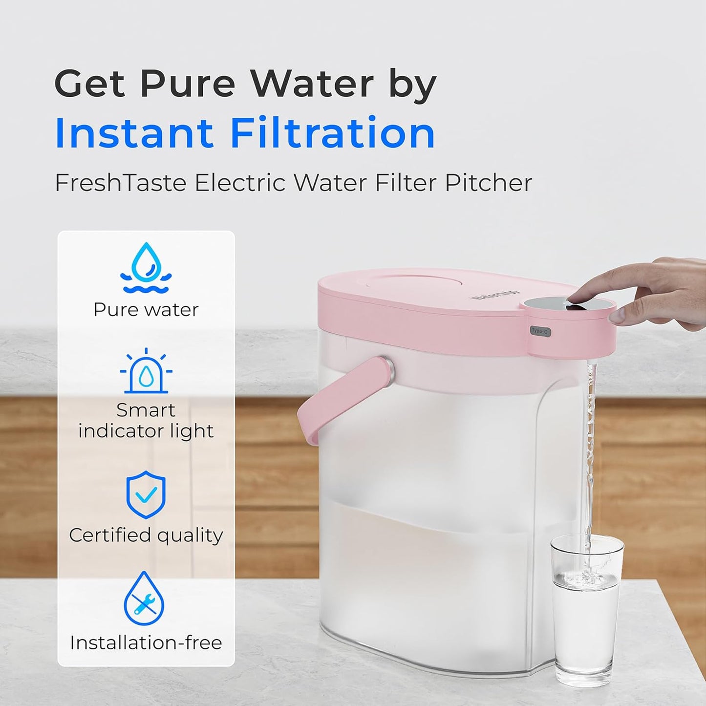 Waterdrop FreshTaste Electric Water Filter Pitcher, Rechargeable Powerful Dispenser, 17-Cup Instant Countertop Purifier, Reduce Chlorine, Lead, Copper, Purify, Soften Water, Pink, Does not Lower TDS