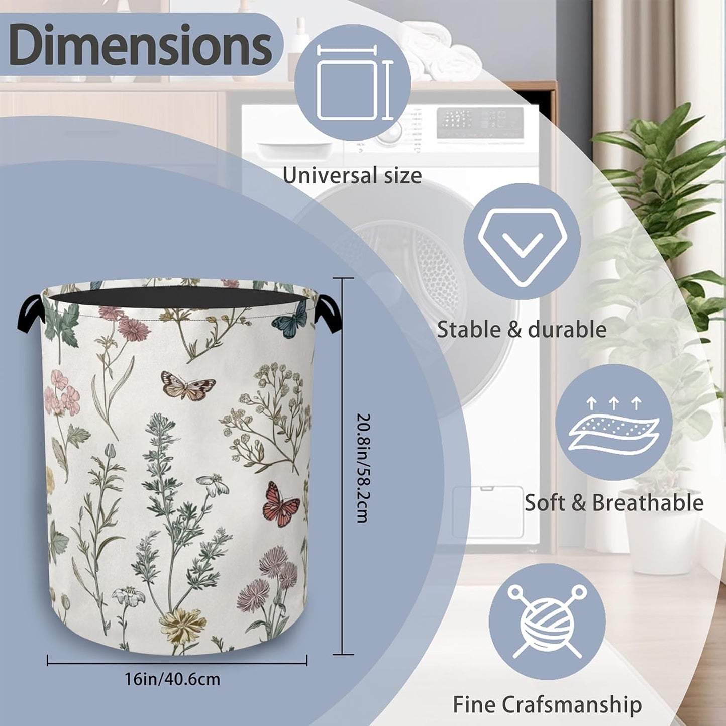 Wildflowers Butterfly Laundry Basket,Herb Plants Oxford Cloth Laundry Hamper with Handle Foldable Portable Clothes Storage Basket for Bathroom Bedroom Dorm Room 16" x 20.8"