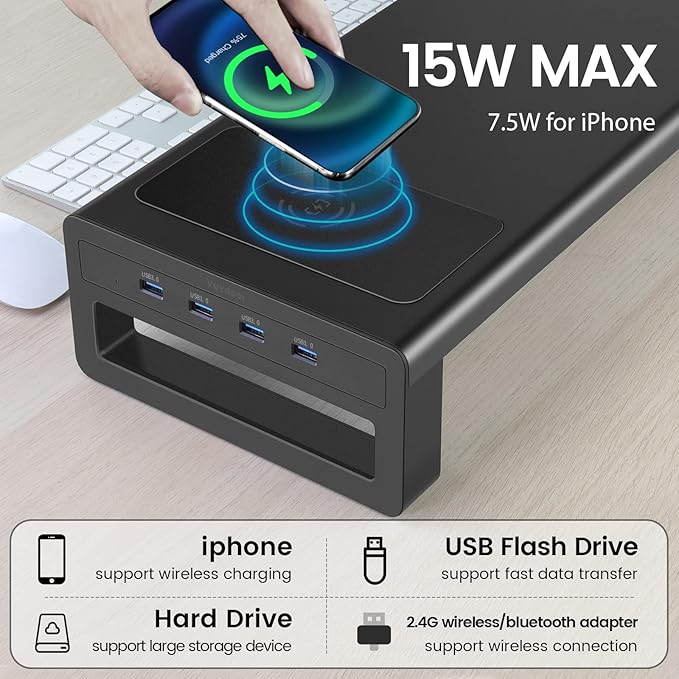 Vaydeer Wireless Charging and USB 3.0 Monitor Stand, Monitor Riser for Desk with Storage, Single Shelf Holder Raiser Organizer for Computer iMac Laptop PC Screen, Heavy Duty Gift Gaming Studio Office