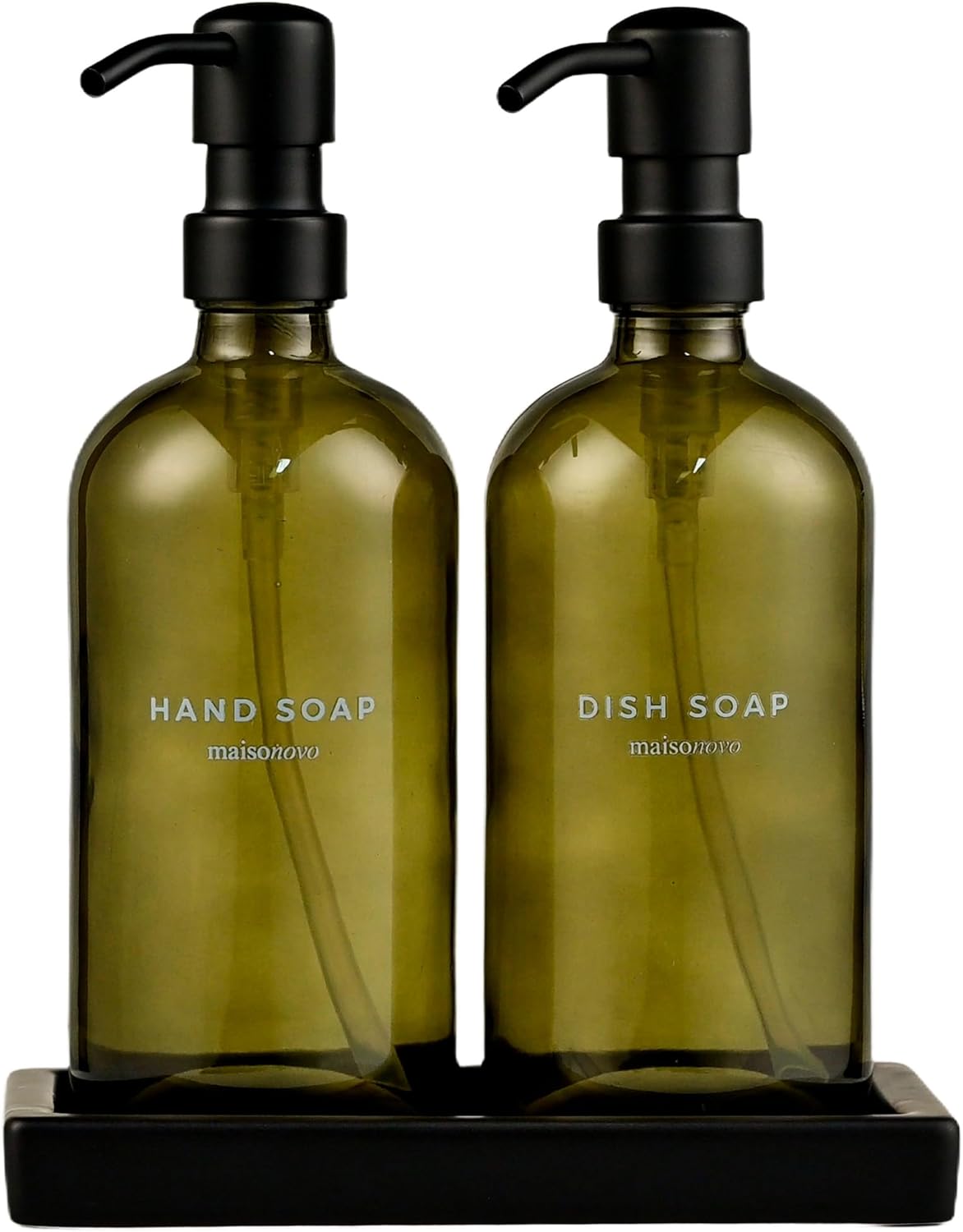 Maisonovo Kitchen Soap Dispenser Set | Hand and Dish Soap Dispenser Set with Handmade Ceramic Vanitry Tray and 16 Waterproof Labels | Green Glass Bottles & Black Pumps