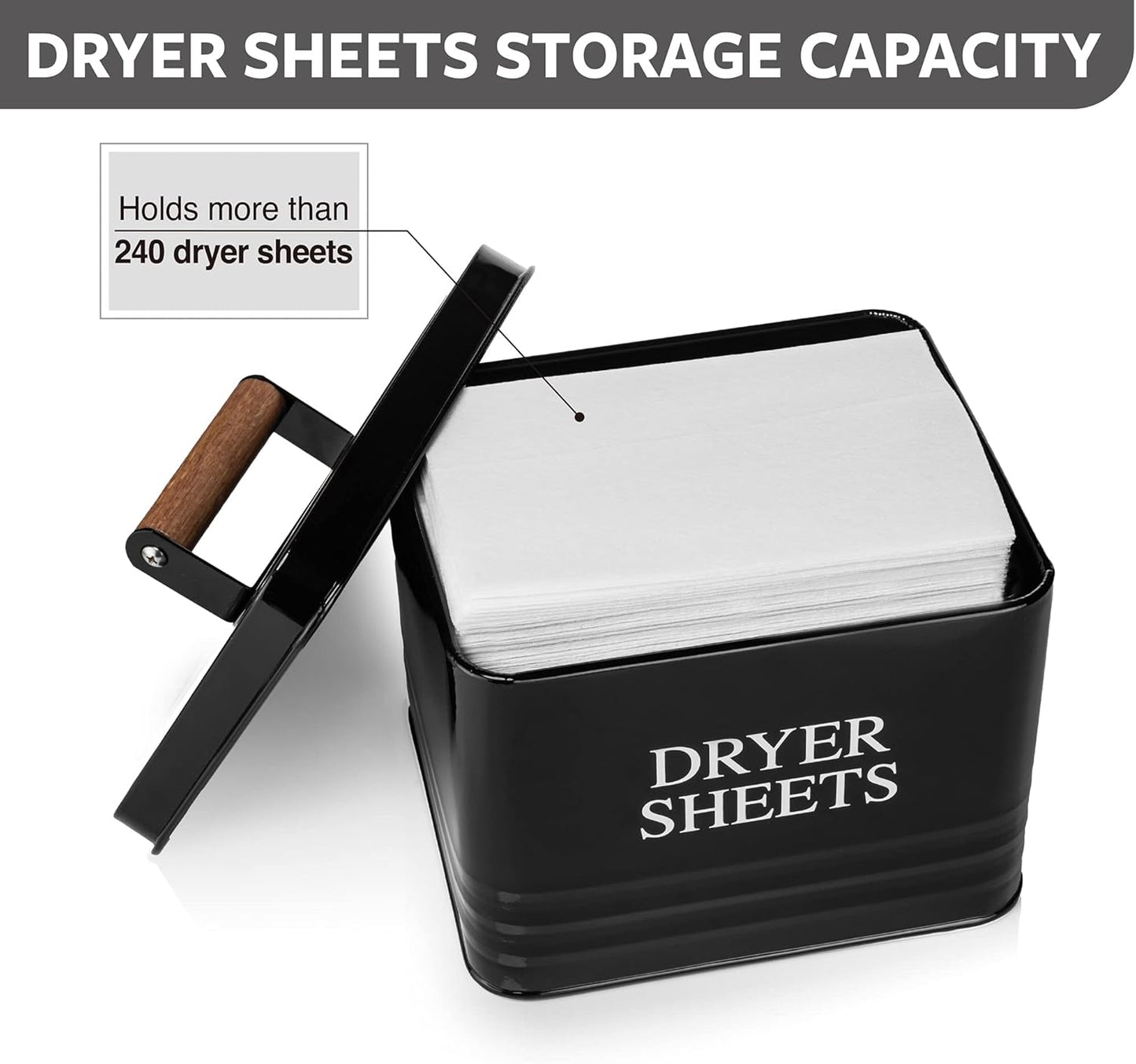 Calindiana Modern Farmhouse Metal Laundry Dryer Sheets Holder Fabric Softener Dispenser with Lid for Laundry Room Decor and Accessories and Space Saving Laundry Organization and Storage, Glossy Black