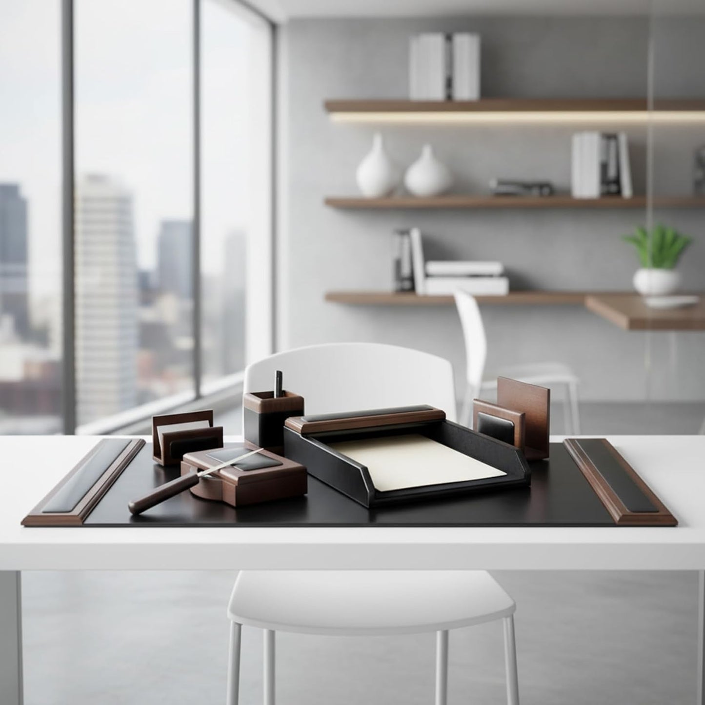 Dacasso Wood & Leather Desk Set - Luxury Leather Desk Pad & Desk Organization Essentials (Walnut and Black, 7 Piece)