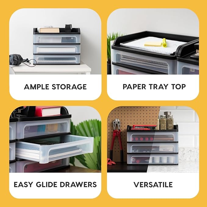 IRIS USA Plastic Desk Top 3-Drawer Storage Organizer with Paper Tray Top, 1-Pack, for Makeup Vanity Nail Polish Bathroom Stationery Art Craft Supplies Kitchen Office Garage Organization, Medium, Black