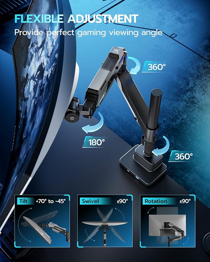 ARES WING Single Monitor Mount with USB, Ultrawide Monitor Arm for 24 to 57 Inch Heavy Duty Curved Screen, Adjustable Gas Spring Monitors Arm Stand up to 66LBS with 75/100/200 Vesa Mount, Black