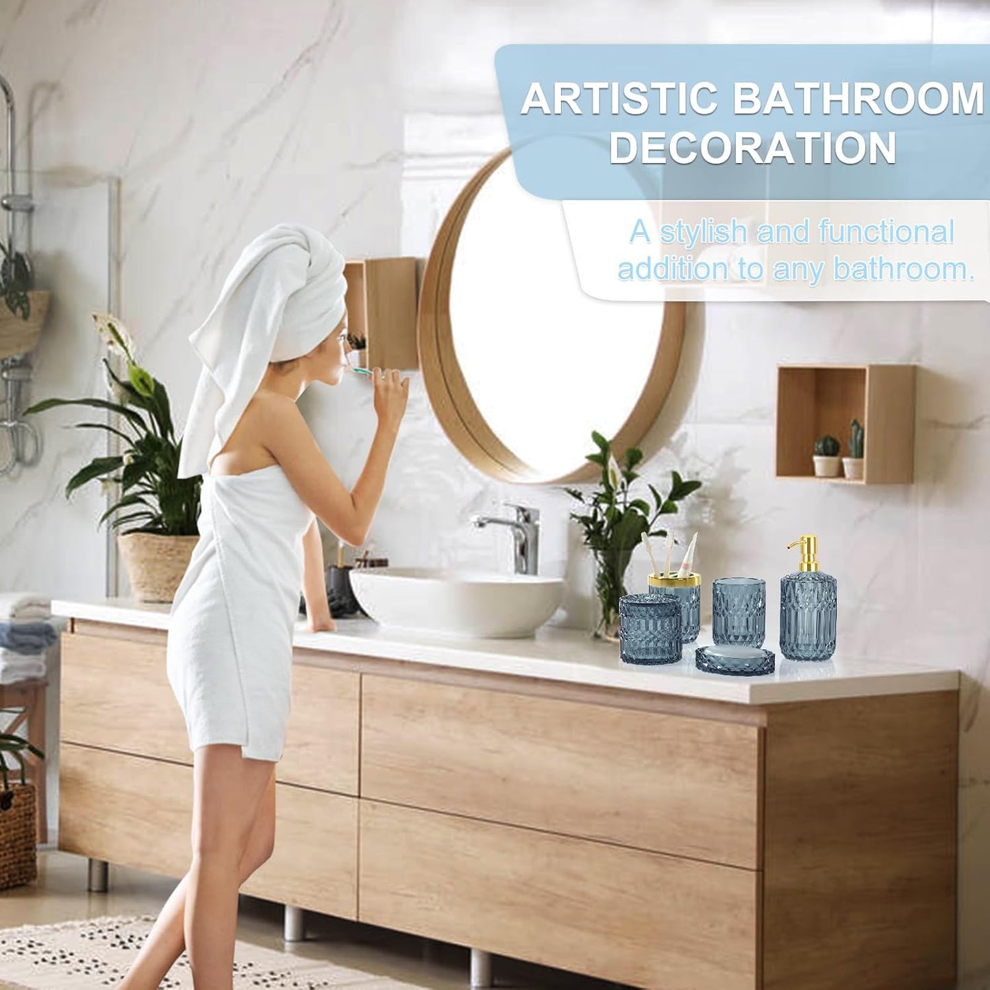 Blue Bathroom Accessories Set - 5PCS Clear Glass Bathroom Accessory Set (Toothbrush Holders, Soap Dispenser, Soap Dish, Tumbler, Cotton Swab Jar), Countertop Vanity Organizer Modern Decor Vintage Gift