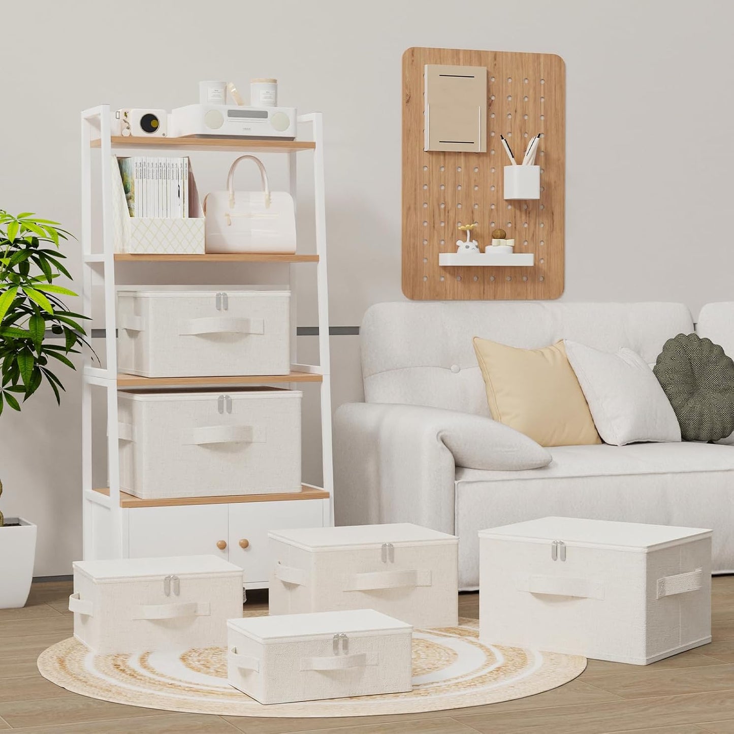 Underbed Storage Box with Lid, Foldable Clothes Organizers, Home Organising Baskets for Clothes, Shoes, Blankets, Pillows, 14.9x10.2x5.9Inches, Beige, 2 Pack