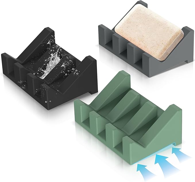 Silicone Self Draining Soap Holder Set, 3 Soap Dishes for Bar Soap, Drying Keep Soap Clean