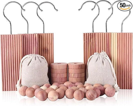 Cedar Blocks for Clothes Storage 50PCs, Hangers 6pc, Balls 30pc, Rings 12pc and Sachet Bags 2pc for Closets and Drawers