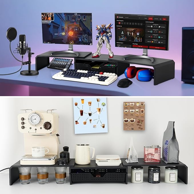 Dual Monitor Stand Riser with Drawer, Computer Stand for Desk, Workspace Desktop Stand, Desk Organizer for Computer, Laptop, TV and More (Black)