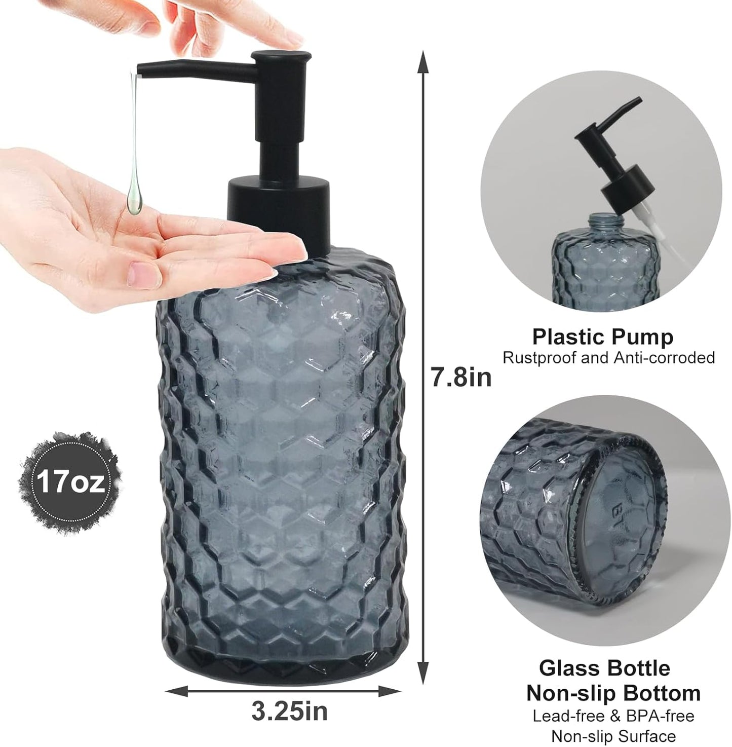 Glass Soap Dispenser with Plastic Pump, 17oz Liquid Hand Soap Dispenser for Kitchen & Bathroom, Great for Lotions, Essential Oil, Liquid Soaps (Grayish Blue)