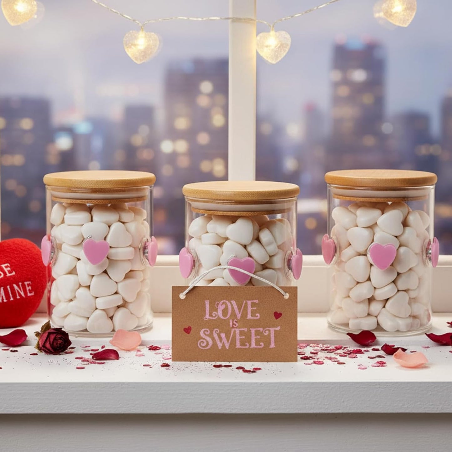 3 Pcs Valentine's Day Icon Glass Storage Jars with Airtight Bamboo Lid Pink Heart Icon Valentine's Day Glass Jars Canister Sets for Home Kitchen Countertop Decoration