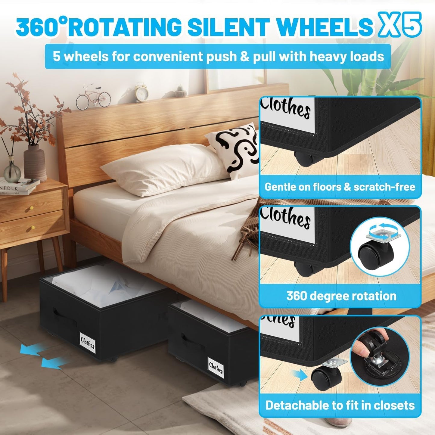 2 Pack Under Bed Storage with Wheels 10" Height, Rolling Storage Bins XXL 60L, Underbed Shoe Storage Containers with Label & Clear Lid, Dorm Under bed Drawers for Clothes, Shoes, Quick Assembly, Black