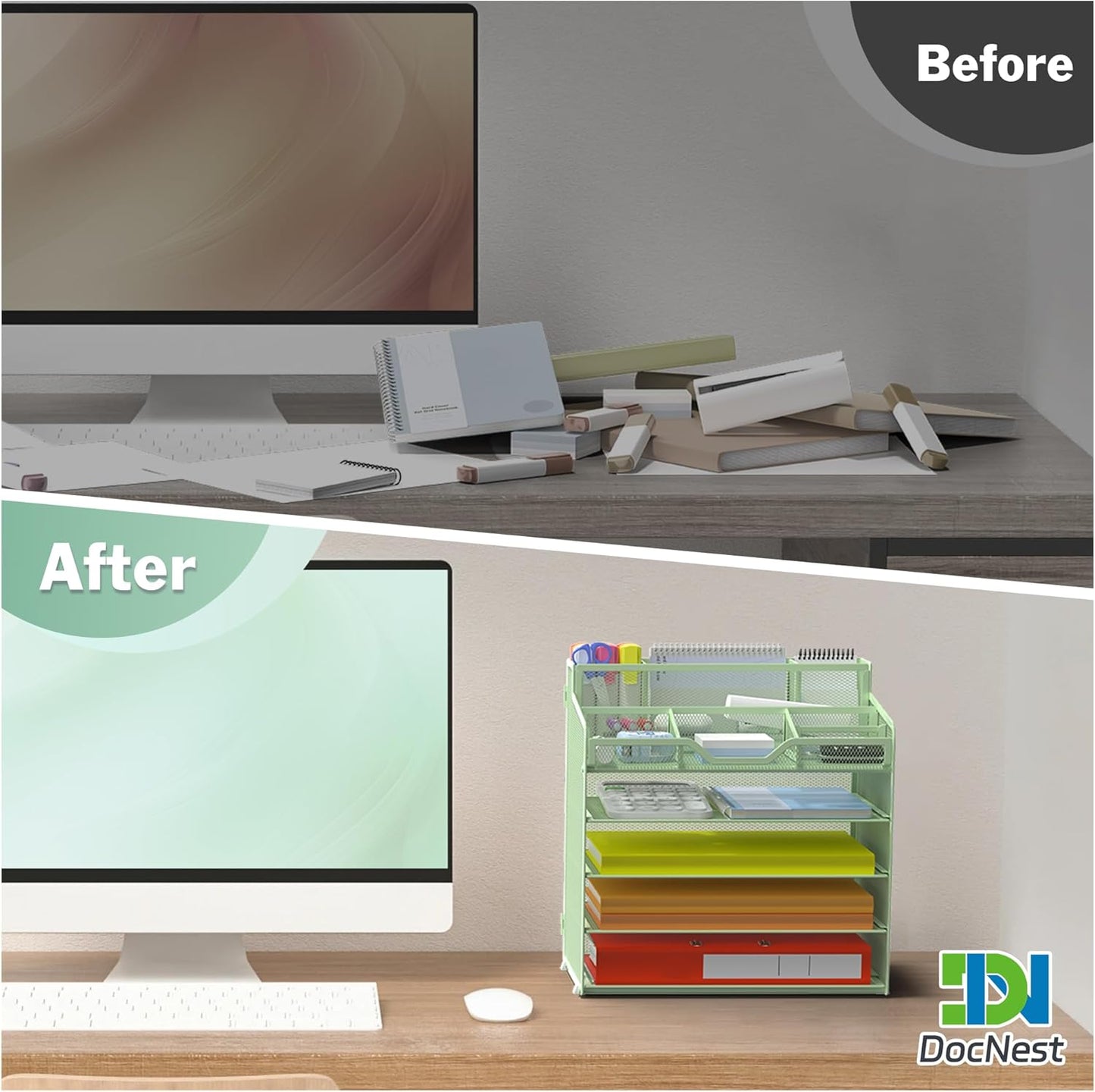 Docnest 5 Tier Mesh Desk Organizer for Paper Office Supplies – Multi-Functional Letter Tray with 5 Adjustable Compartments, 3 Pen Holders, Desktop Storage for Files, Mail, Stationery – Green