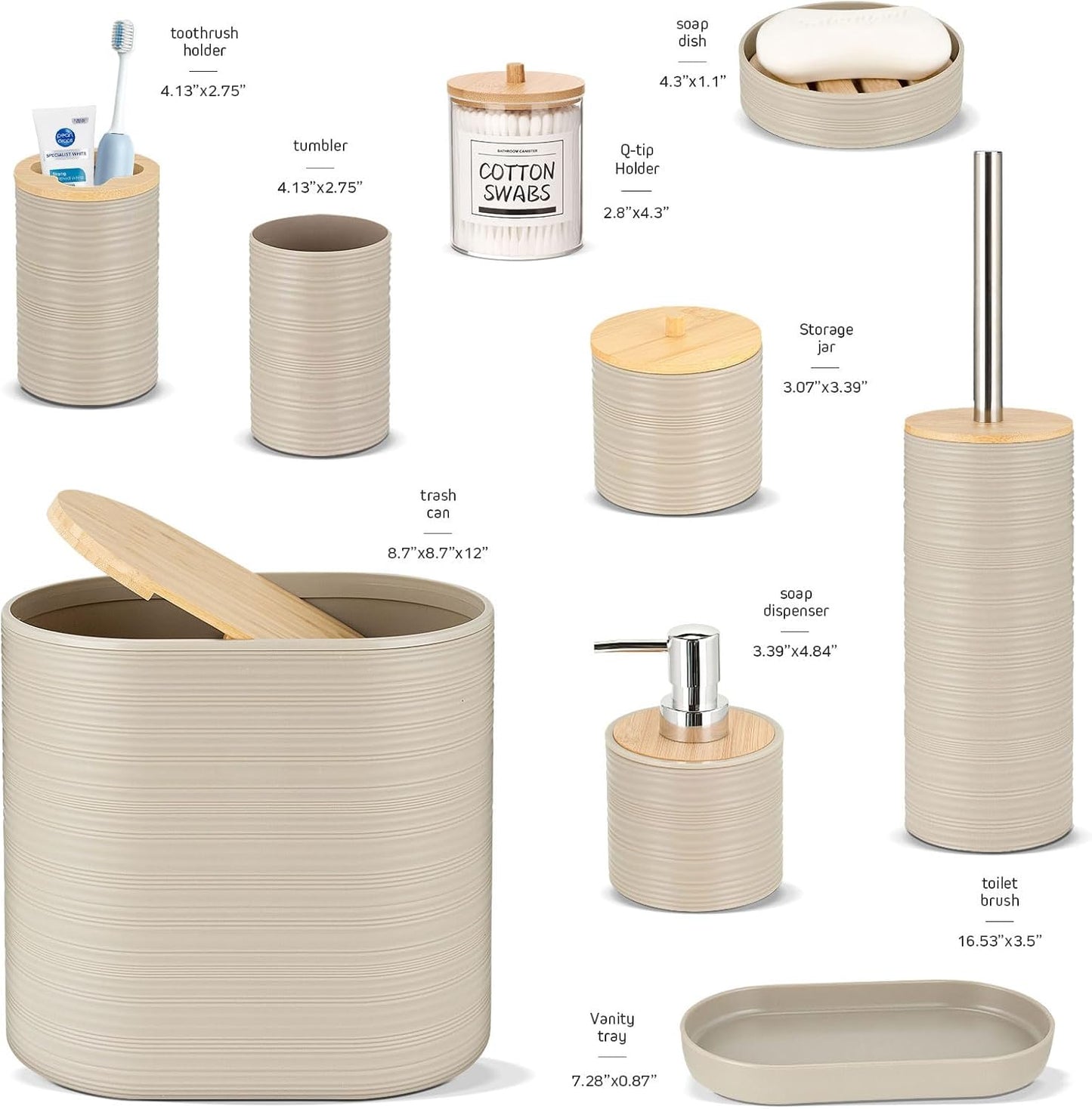 IMAVO Bathroom Accessory Set-11Pcs Beige Bathroom Accessories Set with Trash Can,Soap Dispenser,Soap Dish,Toothbrush Holder,Toothbrush Cup,Toilet Brush Holder,Qtip Holder Dispenser with Labels