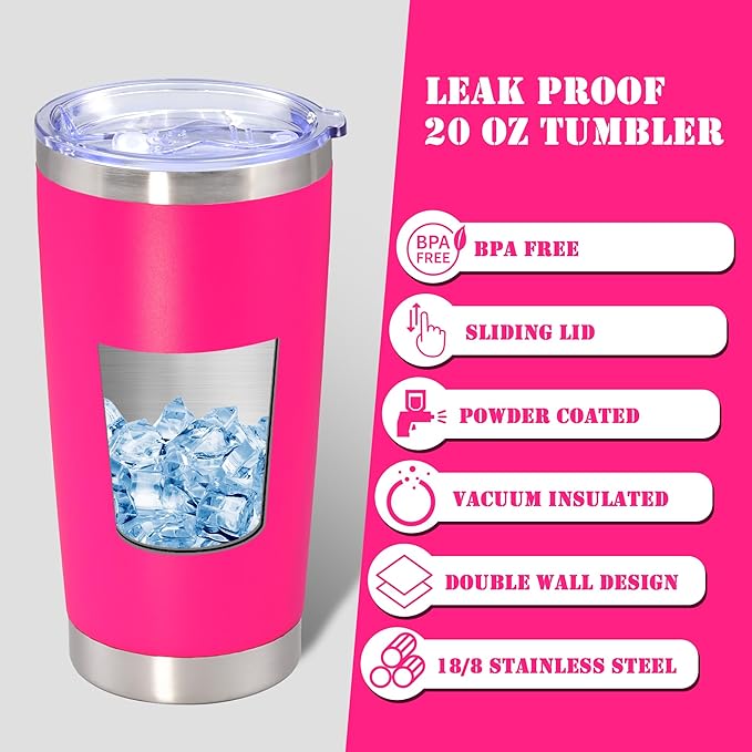 20 oz Tumbler with lid Double Wall Vacuum Insulated Tumblers Stainless Steel Coffee Mug Travel Coffee Tumbler Powder Coated Tumbler Cup Keep Hot&Cold - (Hot Pink 1 Pack)