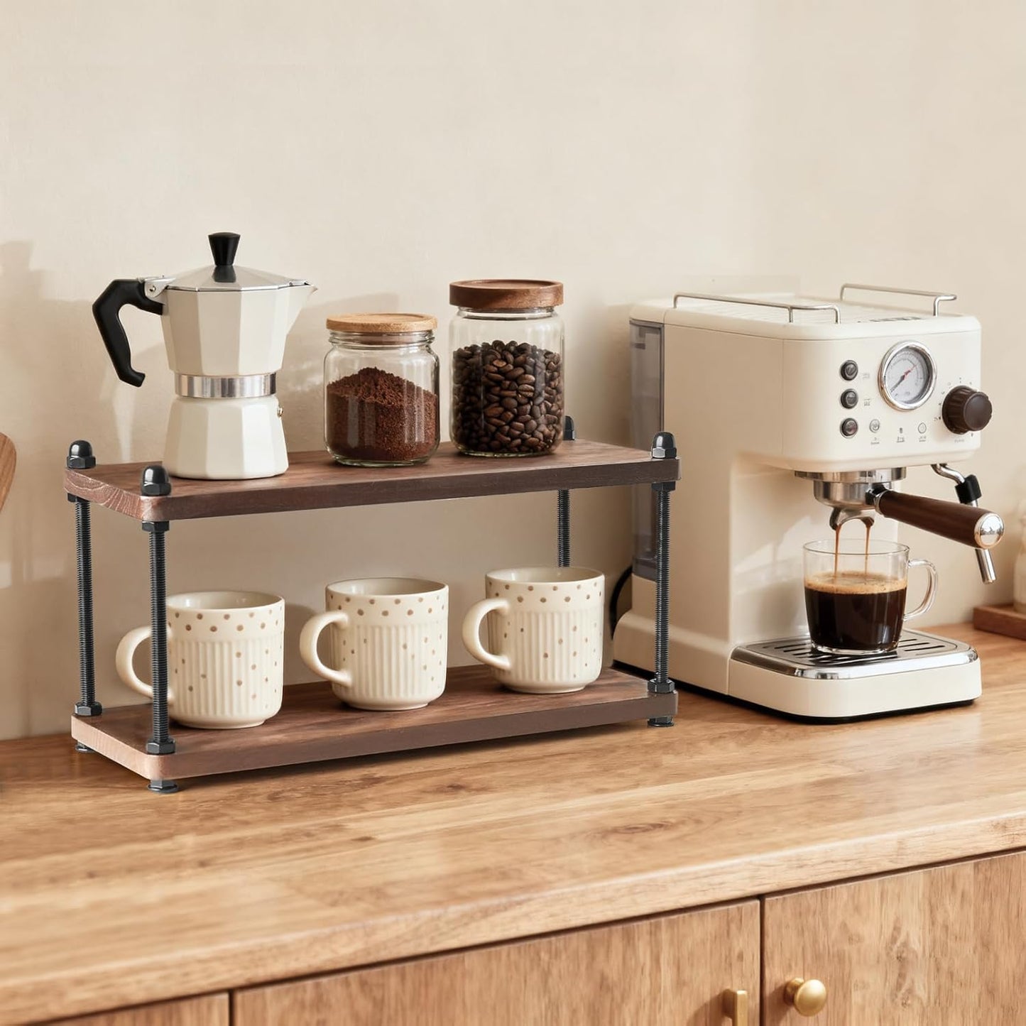 Mkono Coffee Station Organizer Wooden Mug Holder for Countertop Cup and Mug Shelf for Coffee Bar Accessories Rustic Matcha Stand 2 Tier Storage and Display Rack for Tea Cups Kitchen Office