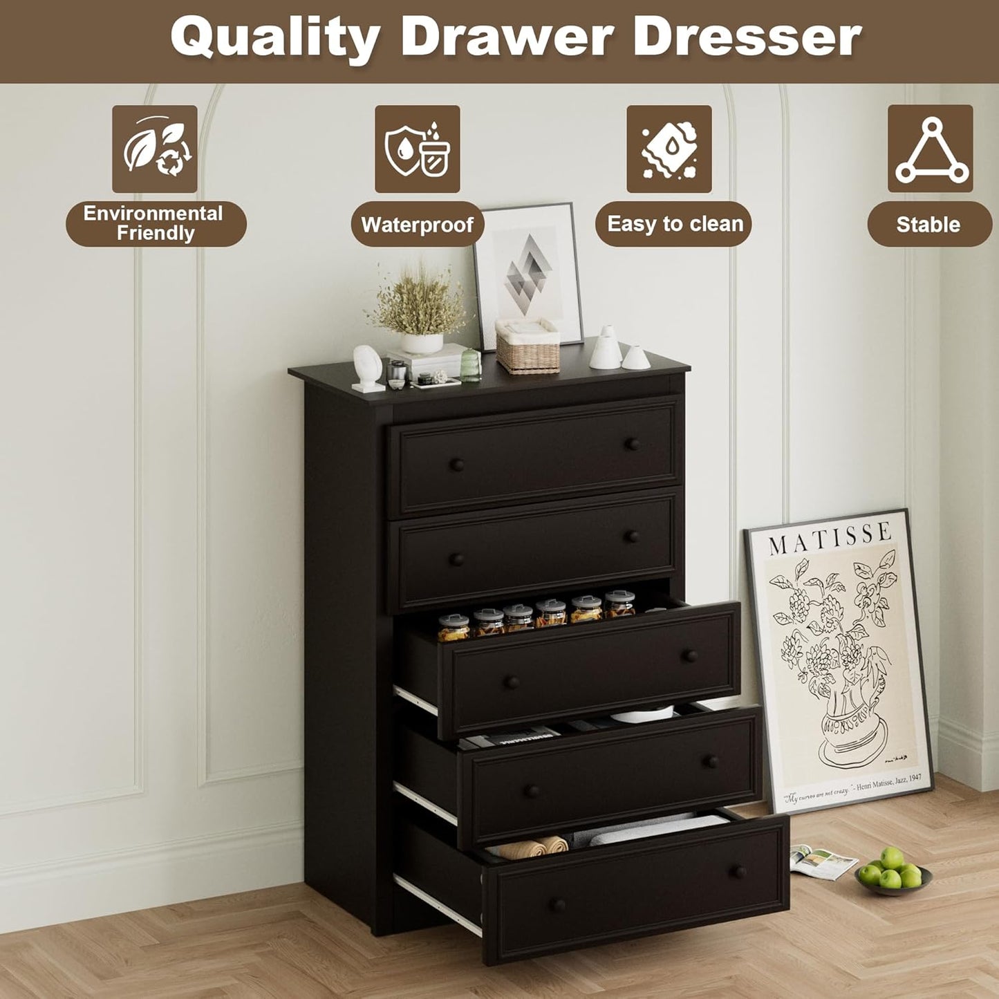5 Drawer Dresser for Bedroom, Tall Wooden Chest of Drawers with Spacious Top, Modern Storage Organizer Cabinet for Closet, Nursery, Living Room, 15.7" D x 31.5" W x 45.7" H (Chocolate)