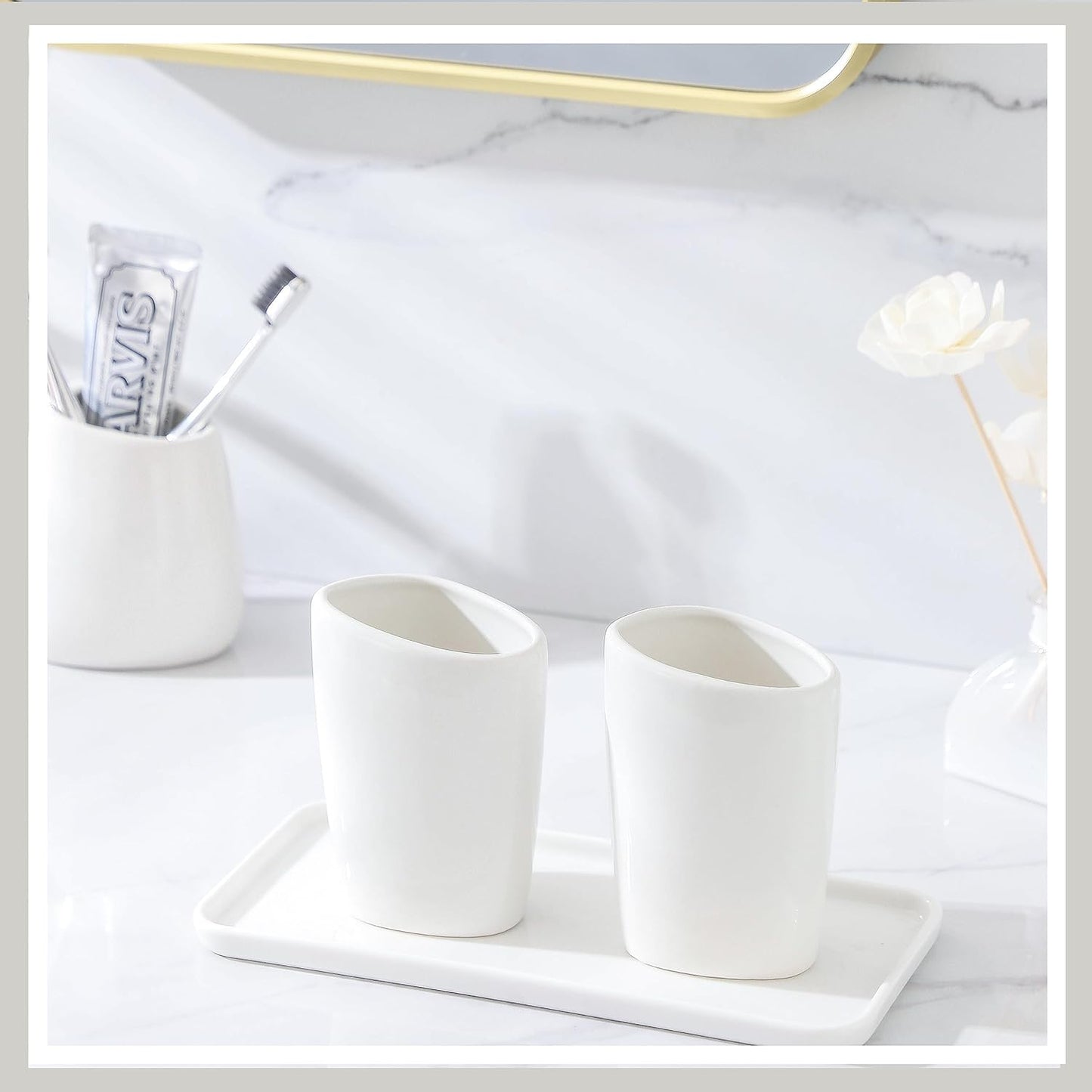 Ceramic Bathroom Accessory Set with Ceramic Tray, 6 Pieces Bathroom Countertop Accessory Set, Include Soap Dispenser, Toothbrush Holder, 2 Tumbler, Soap Dish, Vanity Tray,White
