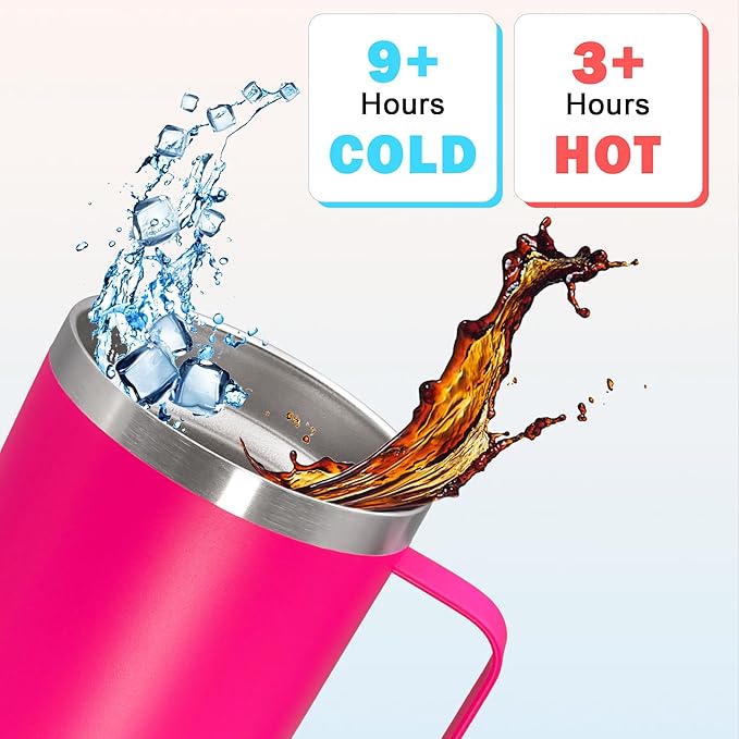 20 oz Tumbler with Handle and Lid, Stainless Steel Tumbler Insulated Travel Coffee Mug, Spill Proof Double Wall Vacuum Tumbler Cup Keep Drink Hot & Cold, Hot Pink, 1 Pack