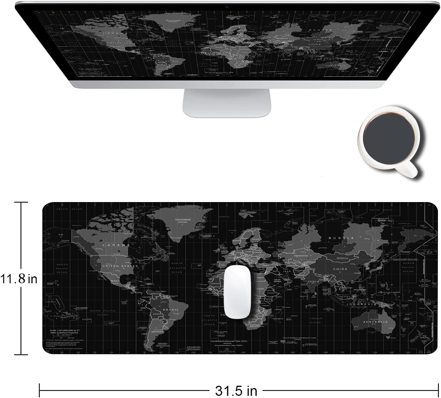 Large Gaming Mouse Pad with Stitched Edges, Desk Mat Extended Keyboard Pad, Non-Slip Rubber Base Desk Pad for Laptop, Office, Home, 31.5X11.8 inch Black World Map