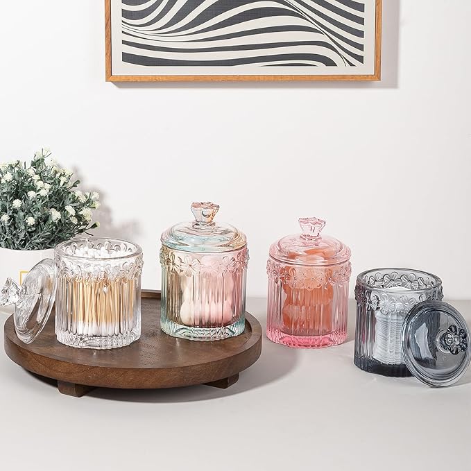 rejomiik 2 Pack Qtip Holder Glass Apothecary Jars with Lids Set Bathroom Canisters Dispenser Organizers and Storage for Cotton Swabs, Balls, Pads, Floss Picks, Candy, Rainbow