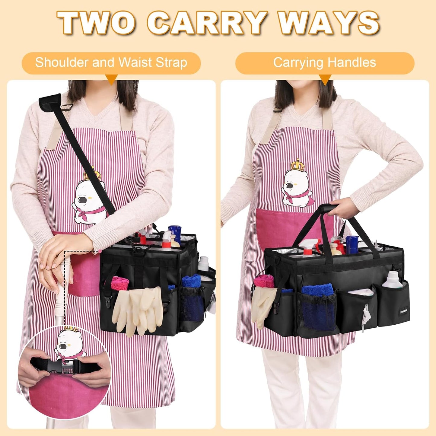 Extra Large Cleaning Caddy Bag with Built-In Support Board, Cleaning Tote Organizer with Removable Divider, Supply Carryall with Adjustable Shoulder Strap and Waist Belt for Cleaners & Housekeeper
