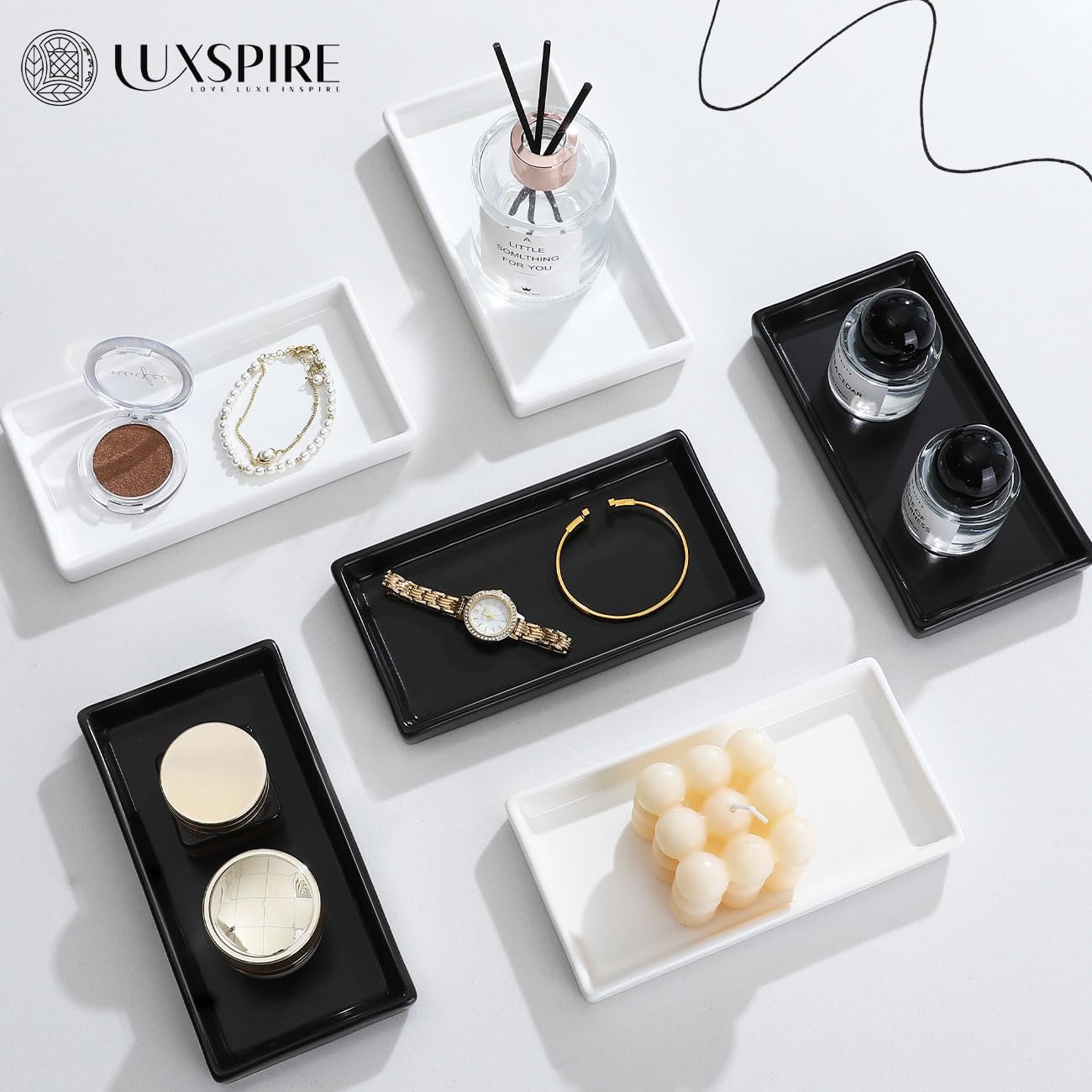 Luxspire Bathroom Vanity Tray, Mini Soap Dispenser, Small Ceramic Perfume and Jewelry Dish, Trinket Holder, Rectangle Candle Tray, Bath Organizer Kitchen Sink Narrow Dish, White