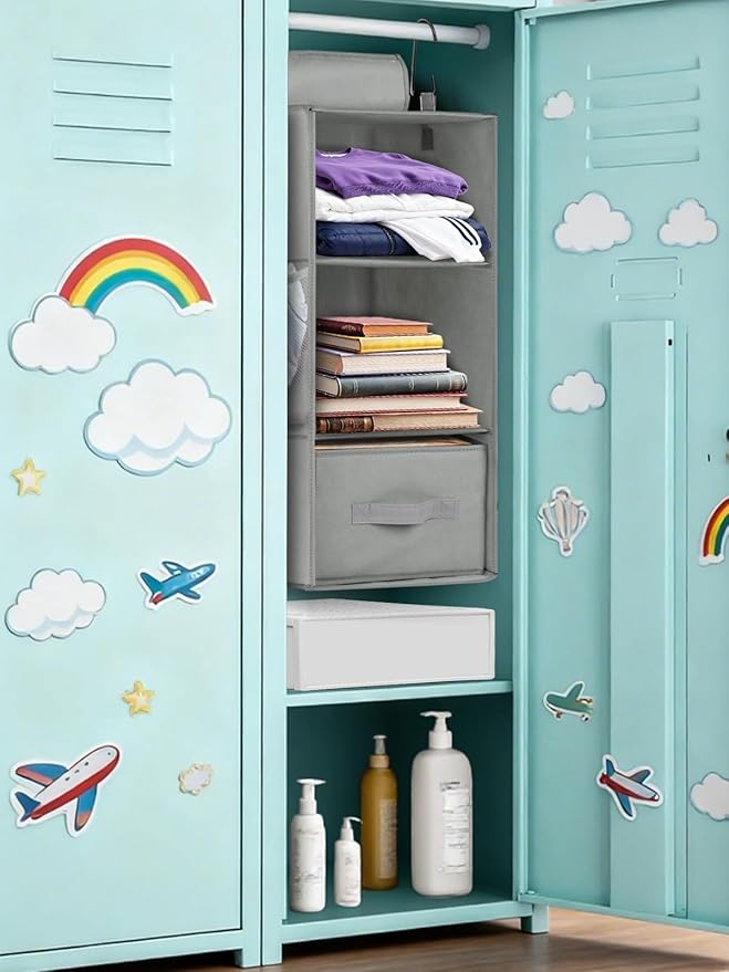 punemi 3-Shelf Hanging Closet Organizer, 2 Pack Closet Hanging Organizer with Drawers, Foldable Hanging Closet Shelves for Rv, Camper, Locker, 22.8" D x 11" W x 11" H, Grey