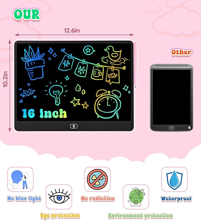 LCD Writing Tablet Doodle Board, 16 inch Colorful Drawing Tablet Writing Pad for Kids, Electronic Erasable Learning Educational Girls Gifts Toys for 3 4 5 6 7 Year Old Girls Boys
