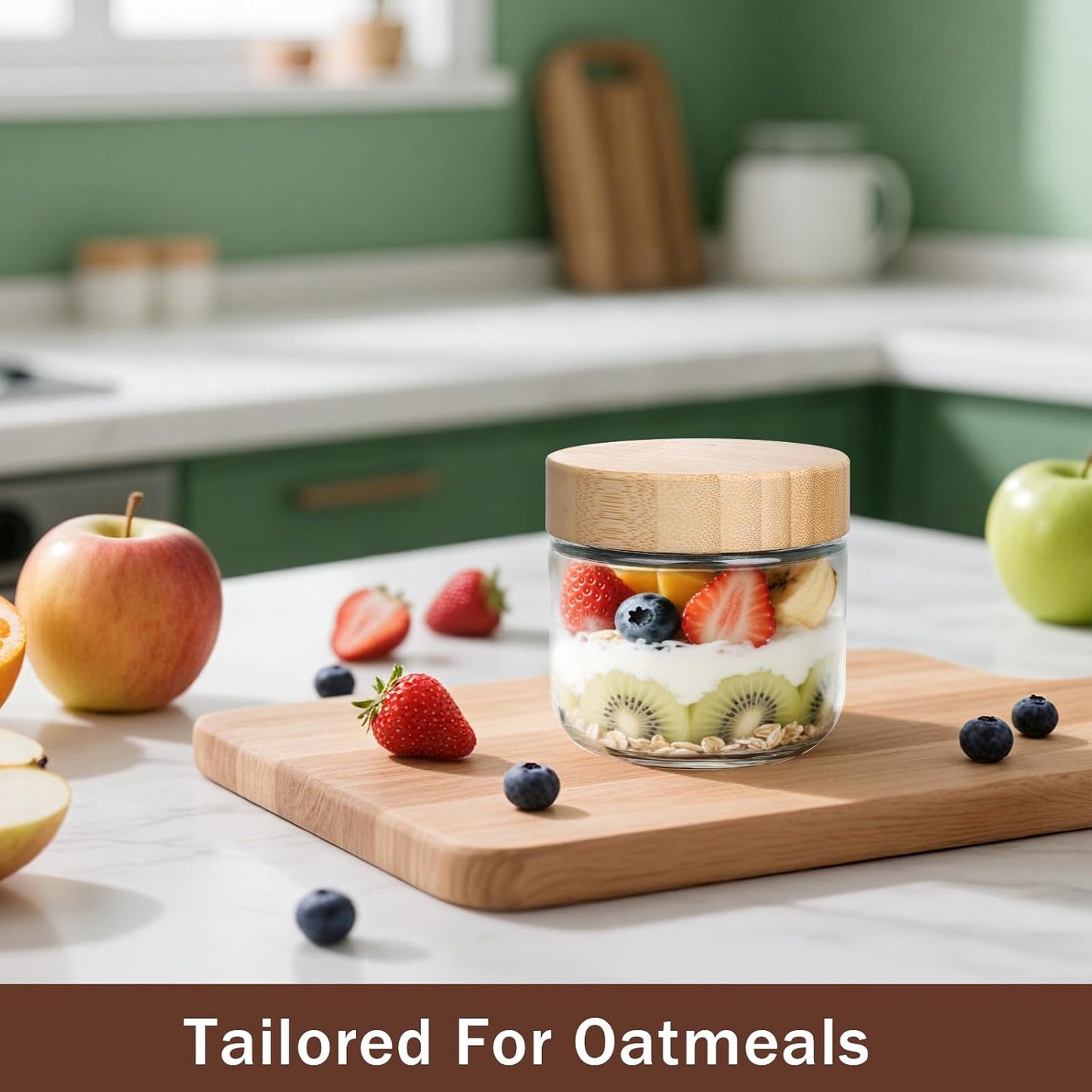 OcePor 4 Pack 10oz Glass Jars with Bamboo Lids, Over Night Oats Container with Airtight Lid, Glass Snack Storage Salad Jars For Food, Yogurt, Sugar and Flour,Coffee Bean, Cookie, Cereal