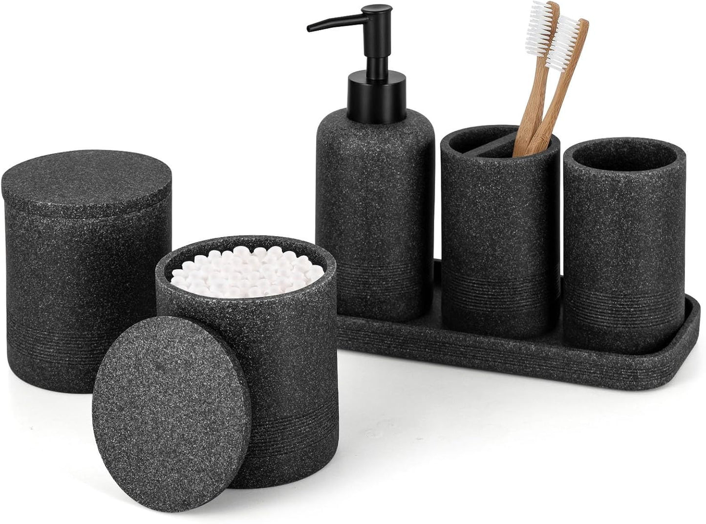 ZCCZ Black Stone Bathroom Accessories Set 6 Pieces - Toothbrush Holder, Lotion Dispenser, Qtip Container, Vanity Tray, Tumbler - Countertop Organizer for Bathrooms - Elegant and Functional Décor Set