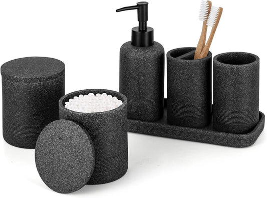 ZCCZ Black Stone Bathroom Accessories Set 6 Pieces - Toothbrush Holder, Lotion Dispenser, Qtip Container, Vanity Tray, Tumbler - Countertop Organizer for Bathrooms - Elegant and Functional Décor Set