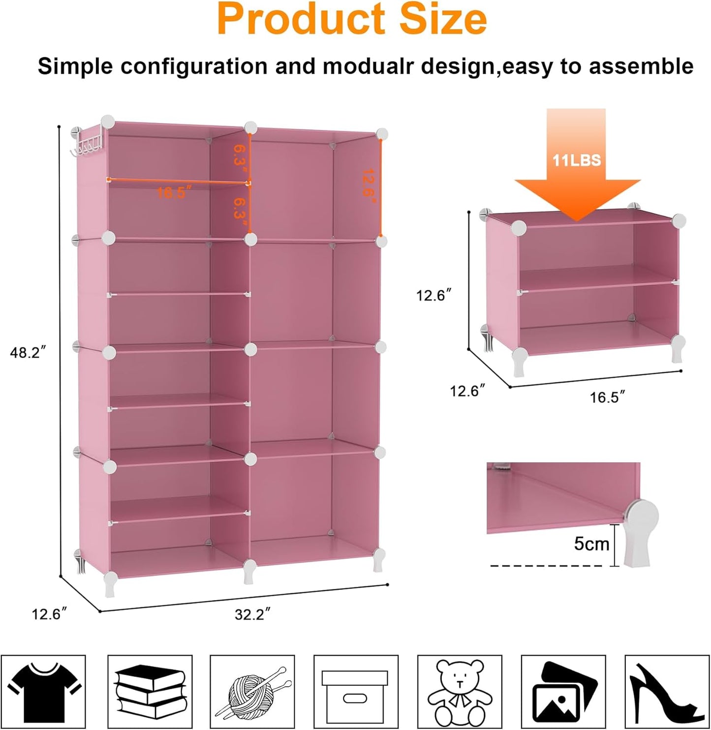 AWTATOS Closet Organizer 8 Cube Storage Shelves Clothes Organizers Closet Storage Stackable Cubby Shelving for Closet Bedroom Living Room Pink