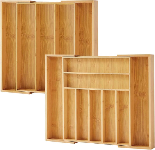Bamboo Drawer Organizer, 2 Pack - Expandable Silverware Organizer & Utensil Drawer Organizer, Cutlery Tray with Dividers, 7-9 Slots - Premium Kitchen Organizer for Utensils & Flatware (Natural)