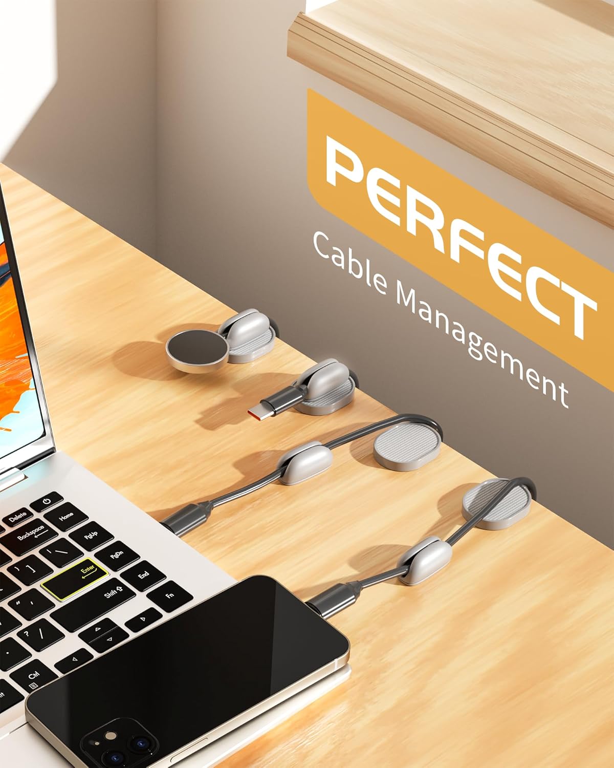 6 Pack Magnetic Cable Clips, Adjustable Cord Holder for Under Desk Cable Management, Adhesive Charger Wire Organizer Keeper for Home Office Desk Phone Car Wall Desktop Nightstand (Gray)