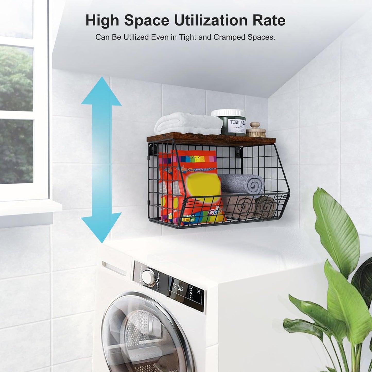 Laundry Room Shelves Wall Mounted with Storage Basket - Stackable Wire Wall Shelves Organizer for Towels, Detergent, Tissues | Space-Saving Over Washer & Dryer, Small Spaces(11.8"Wx7.9"Dx8.5"H)