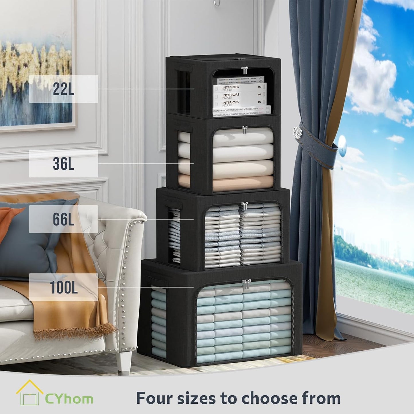CYhom 3Pack Foldable Storage Bins - Frame Storage Box Linen Fabric Stackable Clothes Container Organizer with Clear Window & Carry Handles Large Capacity (Medium-36L, Black)