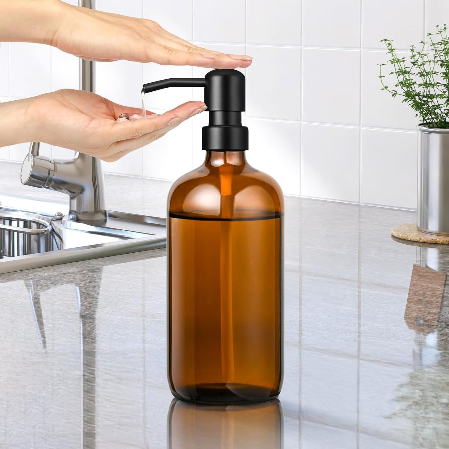 Amber Glass Soap Dispenser with 304 Stainless Steel Pump 17 oz for Kitchen Dish Soap and Bathroom Hand Soap Bottle