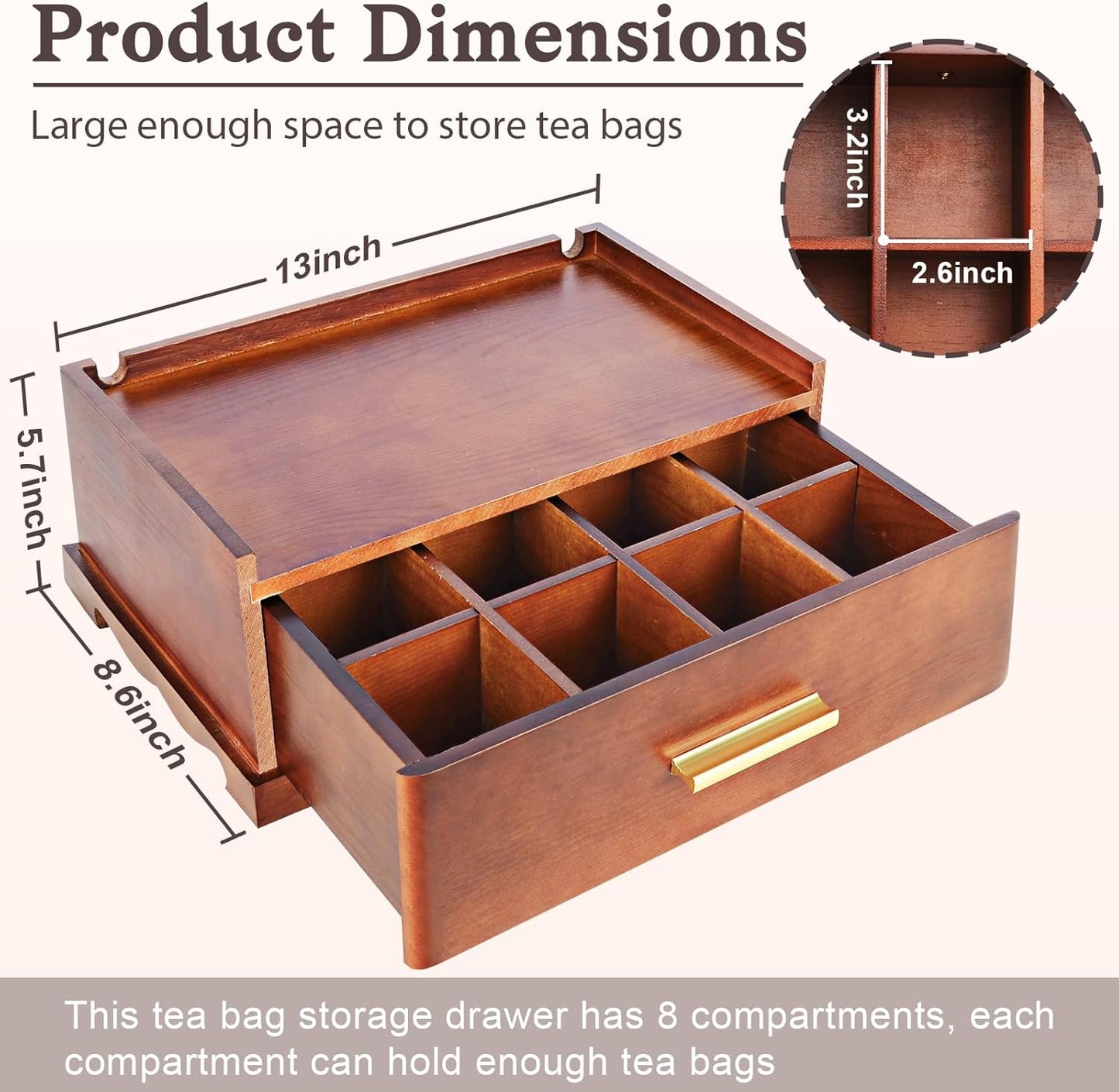 Tea Bag Organizer, Tea Organizers and Storage, Tea Box Organizer Storage Box, Tea Station Organizer for Countertop, Tea Caddy for Wood Tea Holder Organizers for Removable Drawer (Brown)