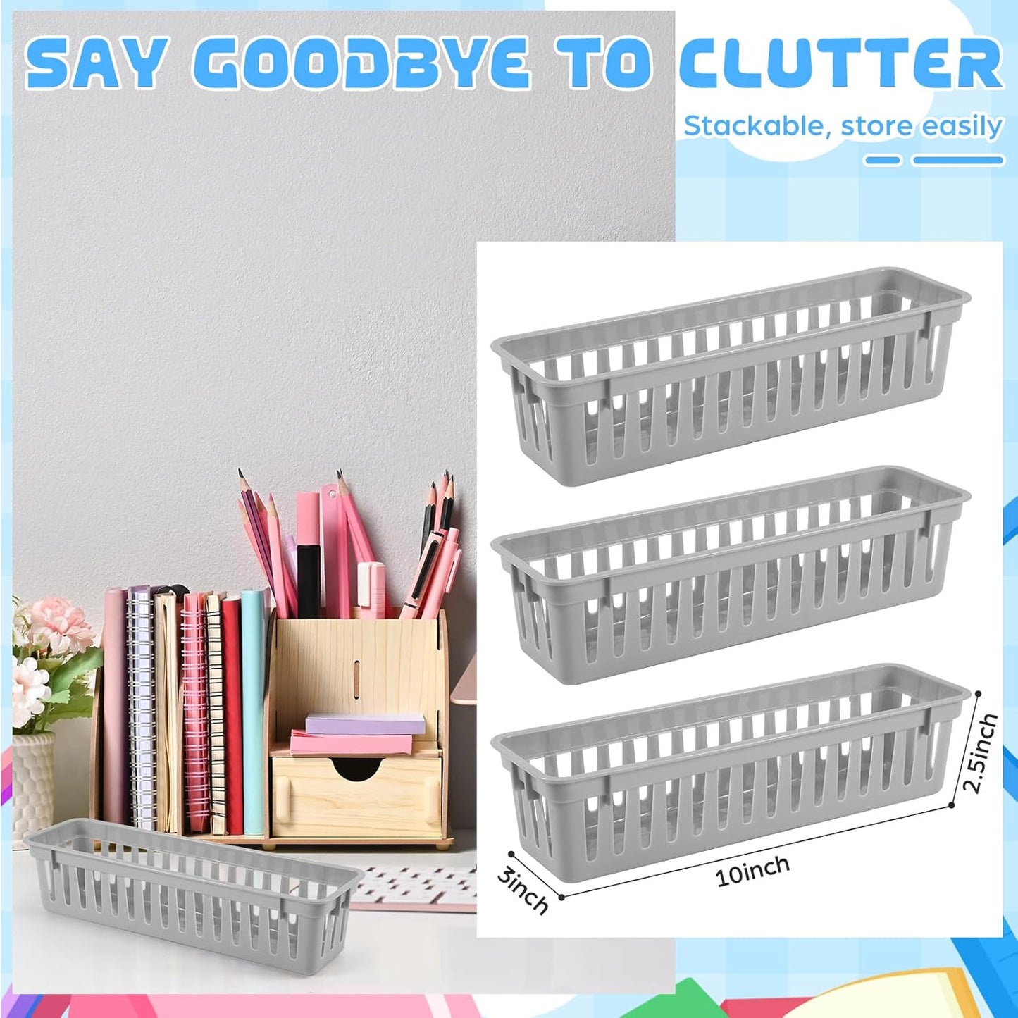 6 Pcs Gray Slim Plastic Storage Baskets Tray 10 x 3 x 2.5 Inch Compact Stackable Desk Organizer for Office, Classroom, School Supplies, and Home Storage, Organization(Gray)