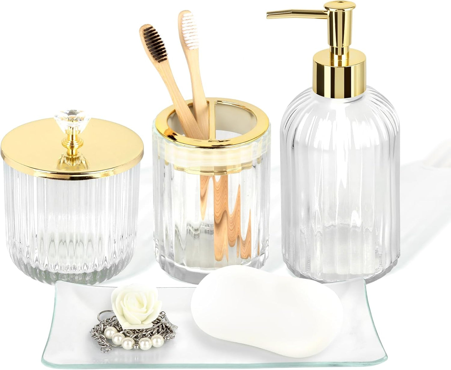 Designer Clear Glass Bathroom Accessories Sets - 4 Pcs with Lotion Soap Dispenser, Bathroom Toothbrush Holder, Vanity Tray, and Apothecary Jar, Vintage Bathroom Decor, Gift Countertop Organizer