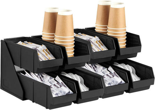 CURTA Black Self Serve Condiment Bin Stand Set, 2-Tier Stand with 8 Bins, 22.5" D x16" W x 9.5" H, Coffee Bar Beverage Station
