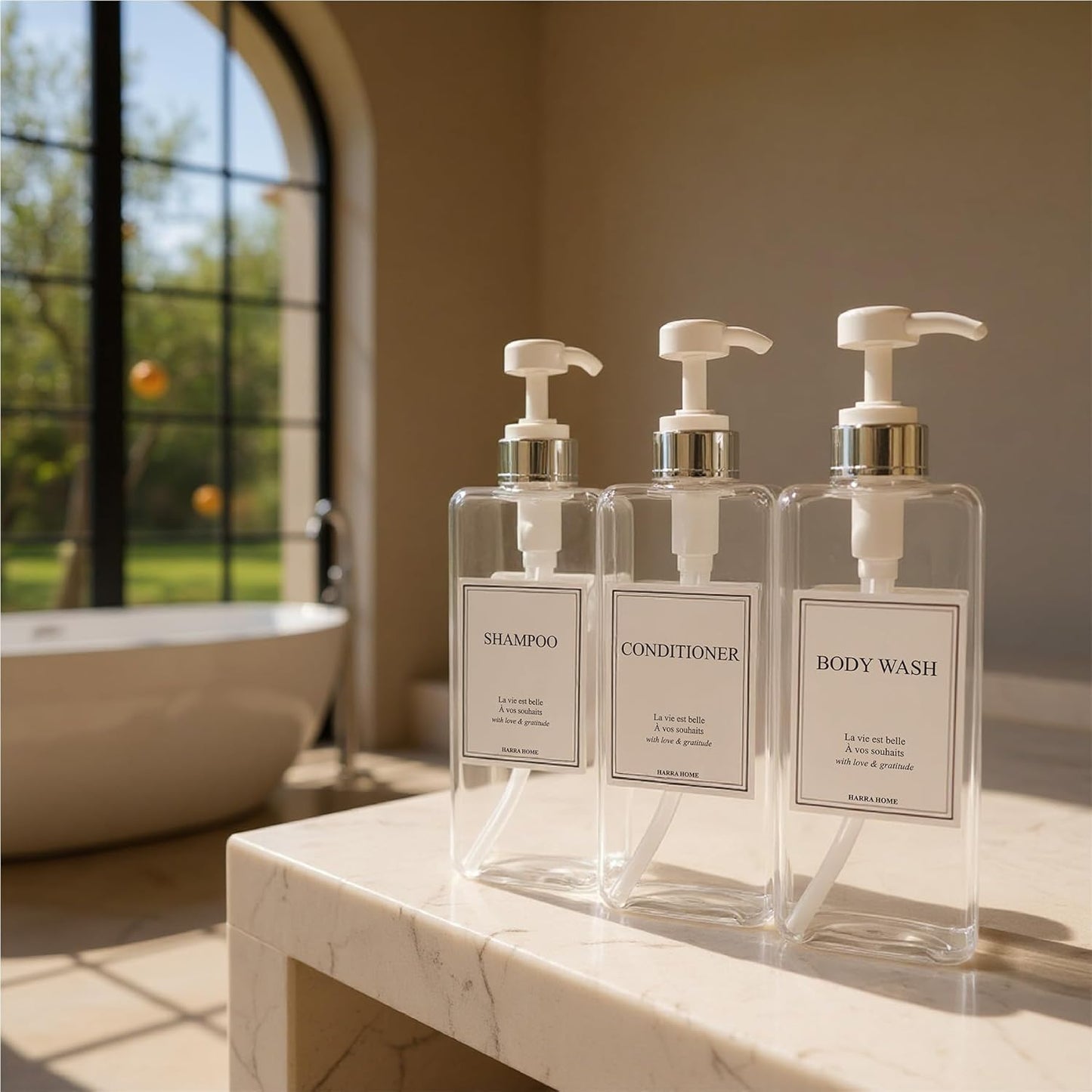 Modern Design 27 oz Shampoo and Conditioner Dispensers - Plastic Refillable Pump Bottle Set for Bathroom Shower Soap Dispenser, Gift Box Included, Set of 3 (Clear & Silver)