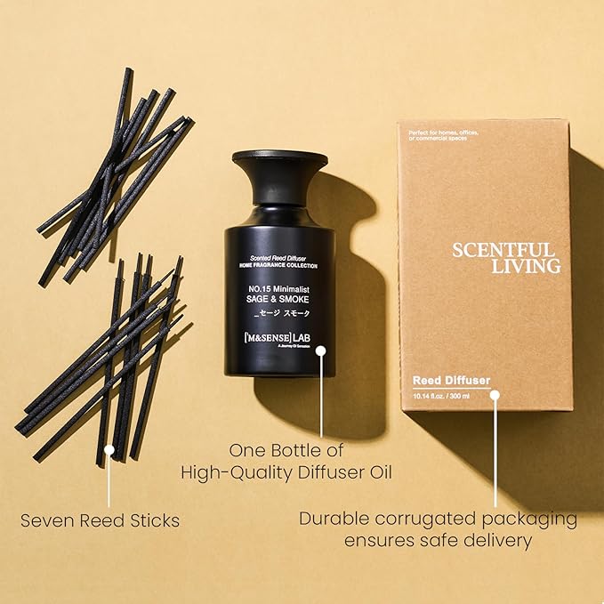 M&SENSE Minimalist Large Reed Diffuser 300ml, Sage & Smoke Scented with Natural Essential Oils, Long Lasting with 7 Sticks, Non-Toxic Home Fragrance for Bedroom, Bathroom Decor
