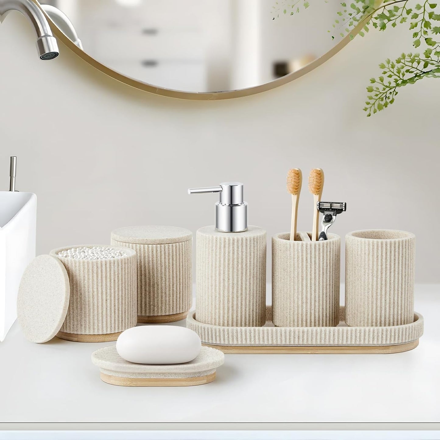 Bathroom Accessories Set, 7PCS Resin Bathroom Set with Bamboo Base, with Soap Dispenser, Q-tip Holder, Toothbrush Holder, Tumbler, Soap Dish, Vanity Tray, Complete Bathroom Set for Modern Decor,Beige