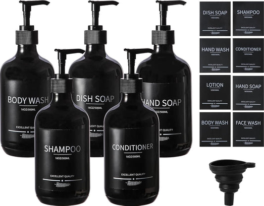 (5Pack) Black Shower Bottles Refillable with Labels, 16.9oz Reusable Shampoo and Conditioner Bottles,Shampoo Dispenser Bottles